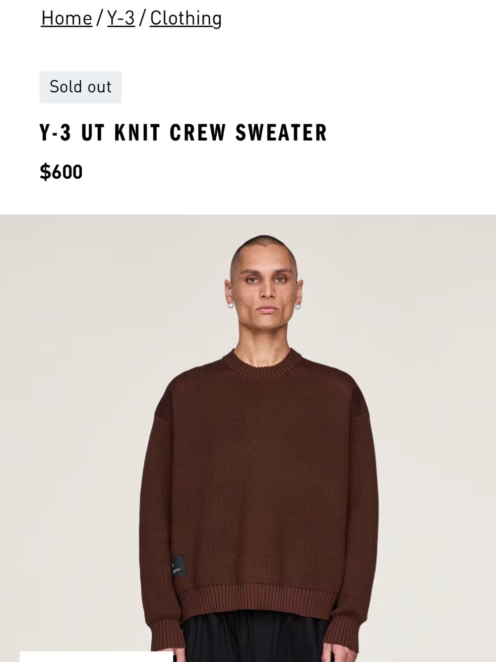 Y-3 Men's Dark Brown Knit Crewneck Sweater